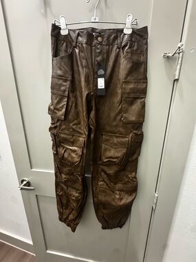 Fashion Nova Dark Brown Faux-Leather Cargo Joggers